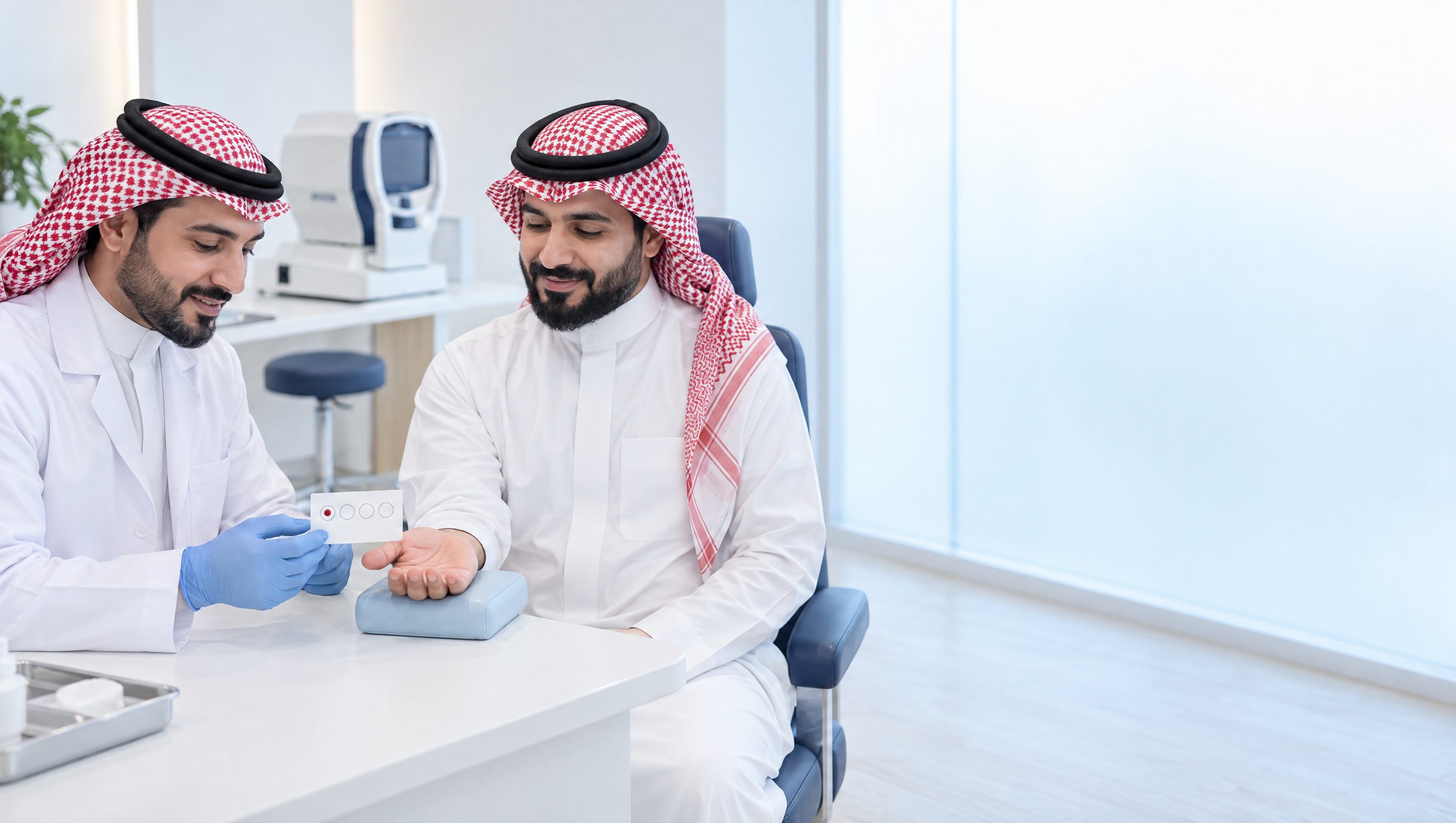 مراجع مع ممارس صحي في مركز طبي ضمن الفحص الطبي لتجديد وإصدار رخصة القيادة